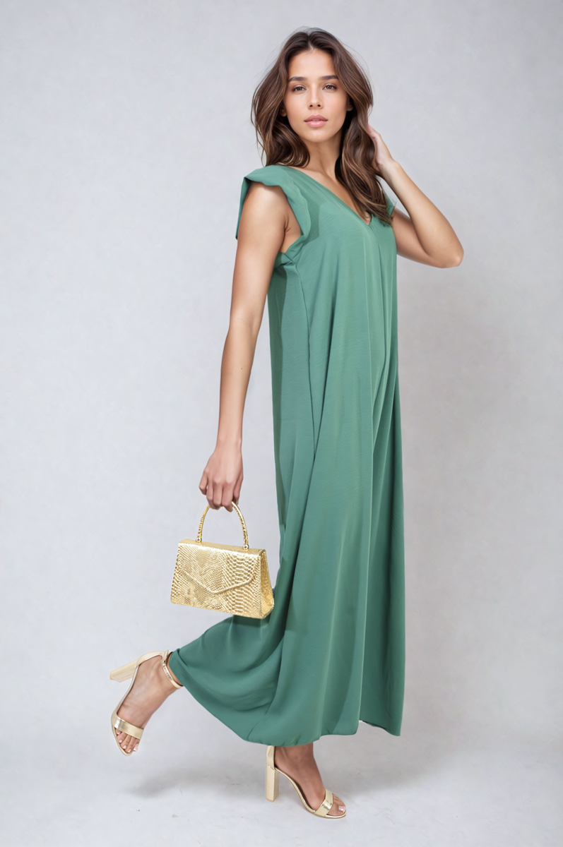 Ruffle Sleeve V-Neck Loose Waist Wide Leg Jumpsuit