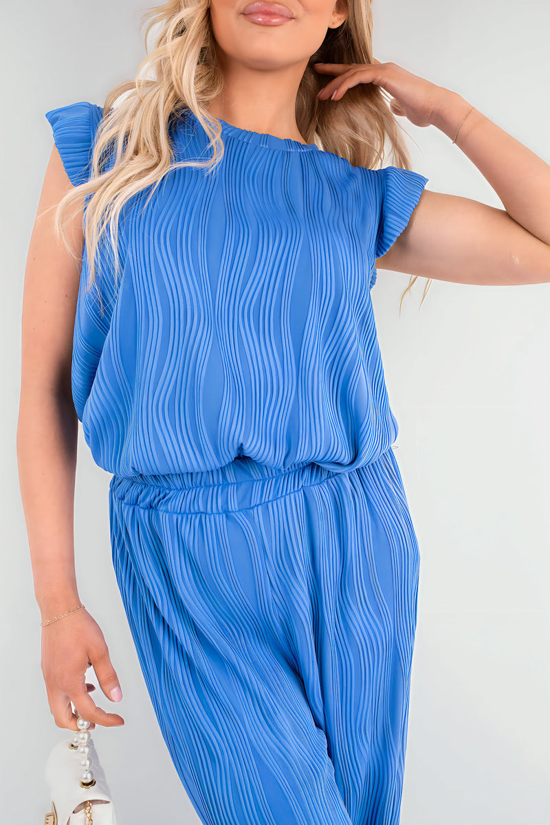 Blue textured frill sleeve top and wide-leg trouser co-ord set, close-up