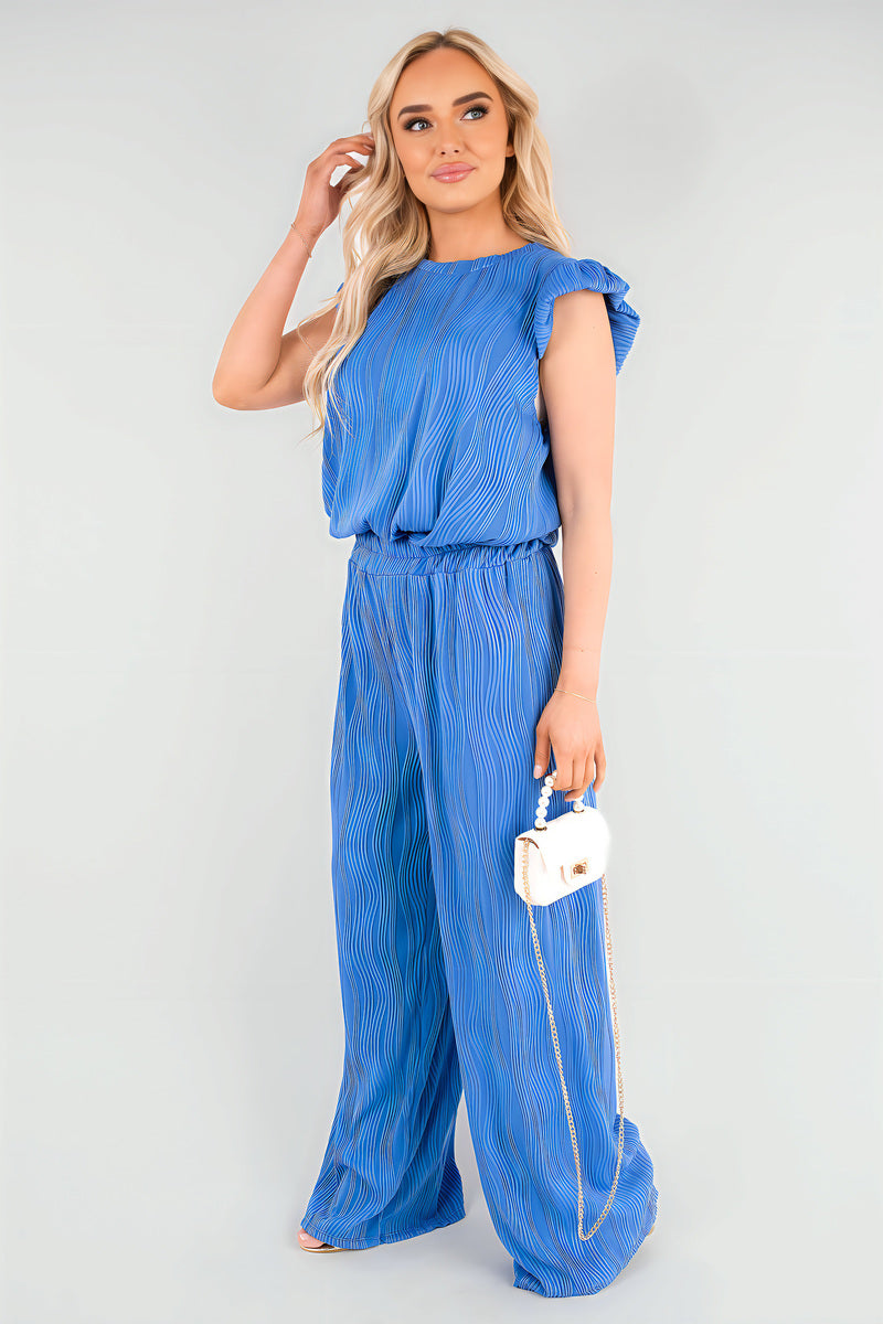 Blue textured frill sleeve top and wide-leg trouser co-ord set, side view