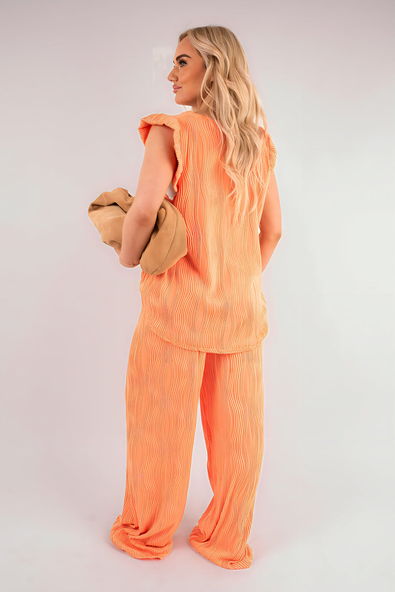 Coral textured frill sleeve top and wide-leg trouser co-ord set, rear view