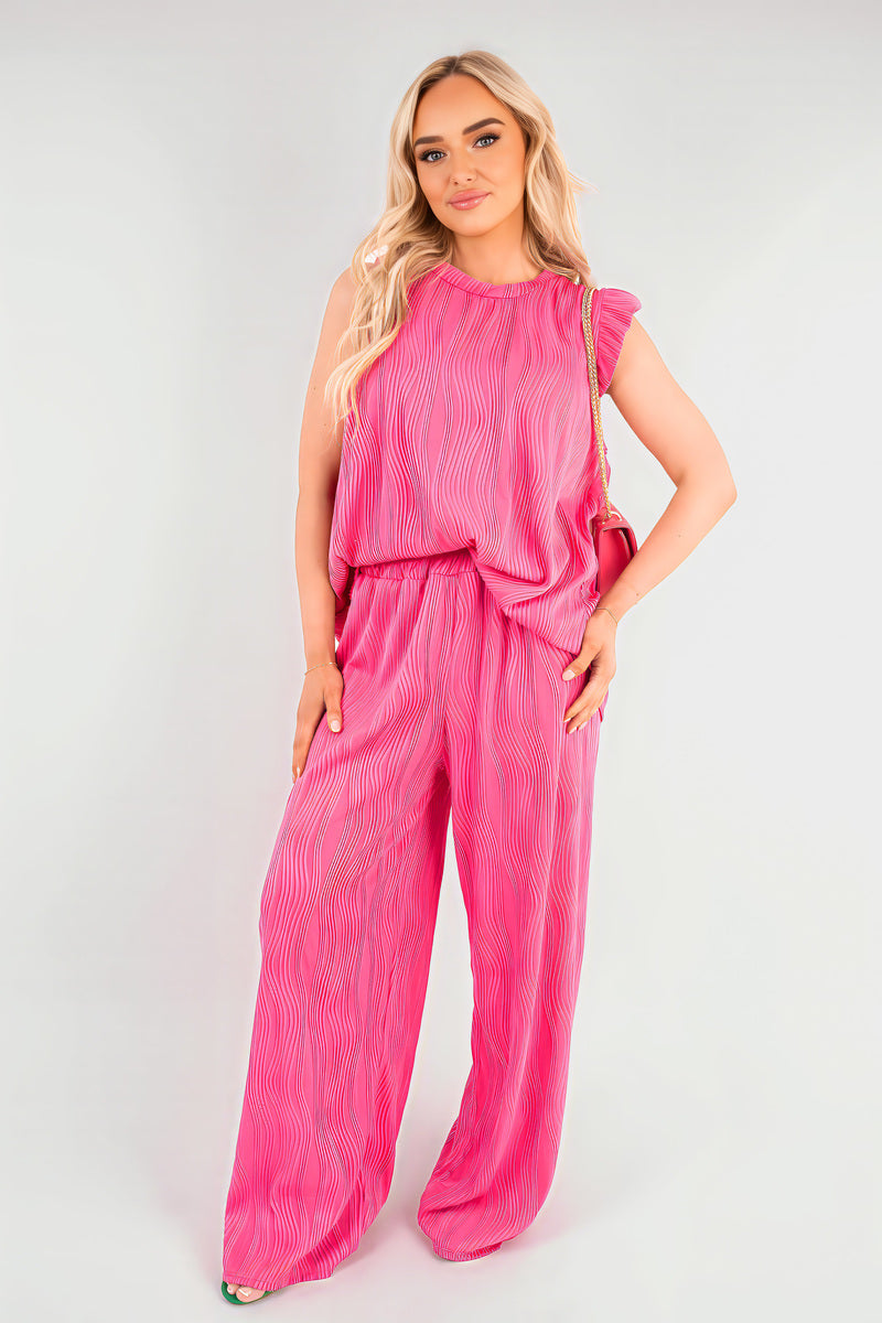 Fuschia textured frill-sleeve top and wide-leg trouser co-ord set