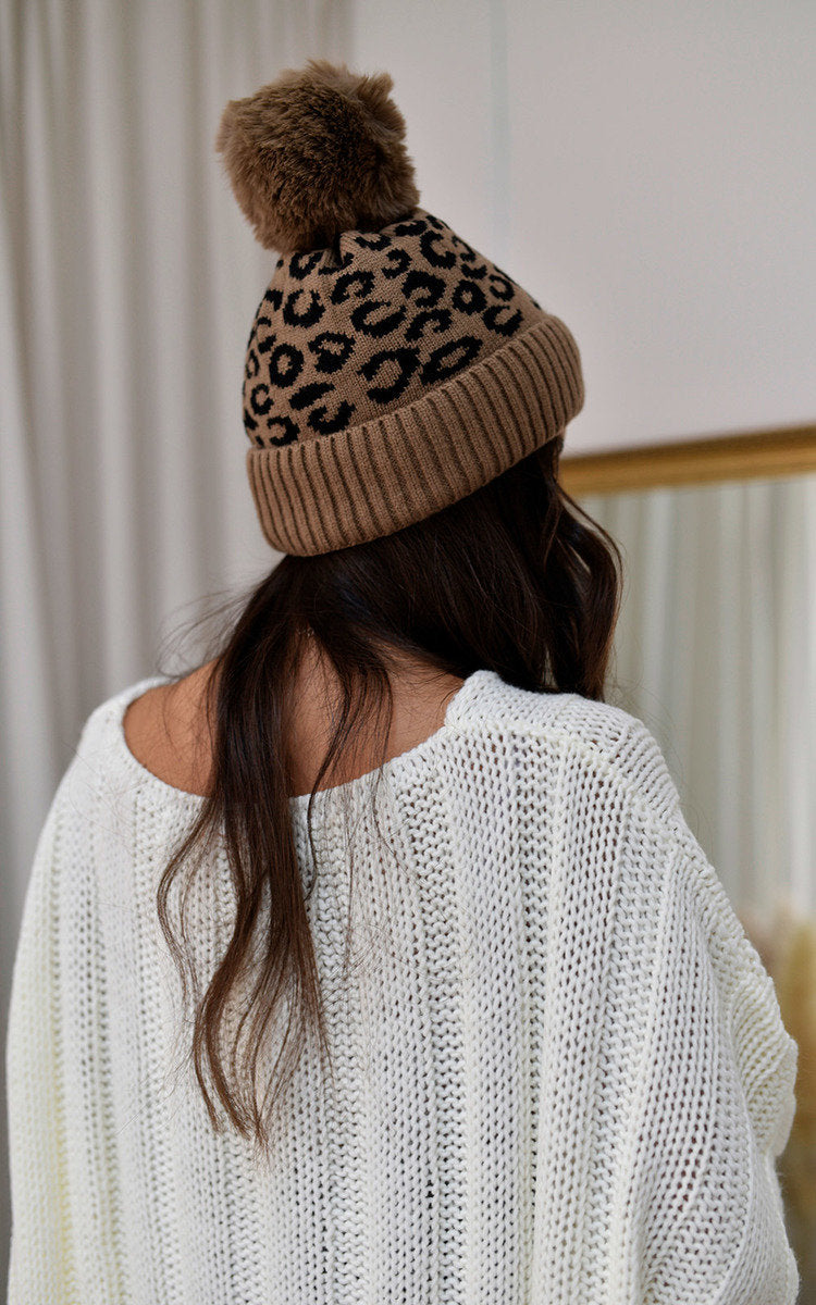 Faux Fur Lined Beanie Leopard Hat