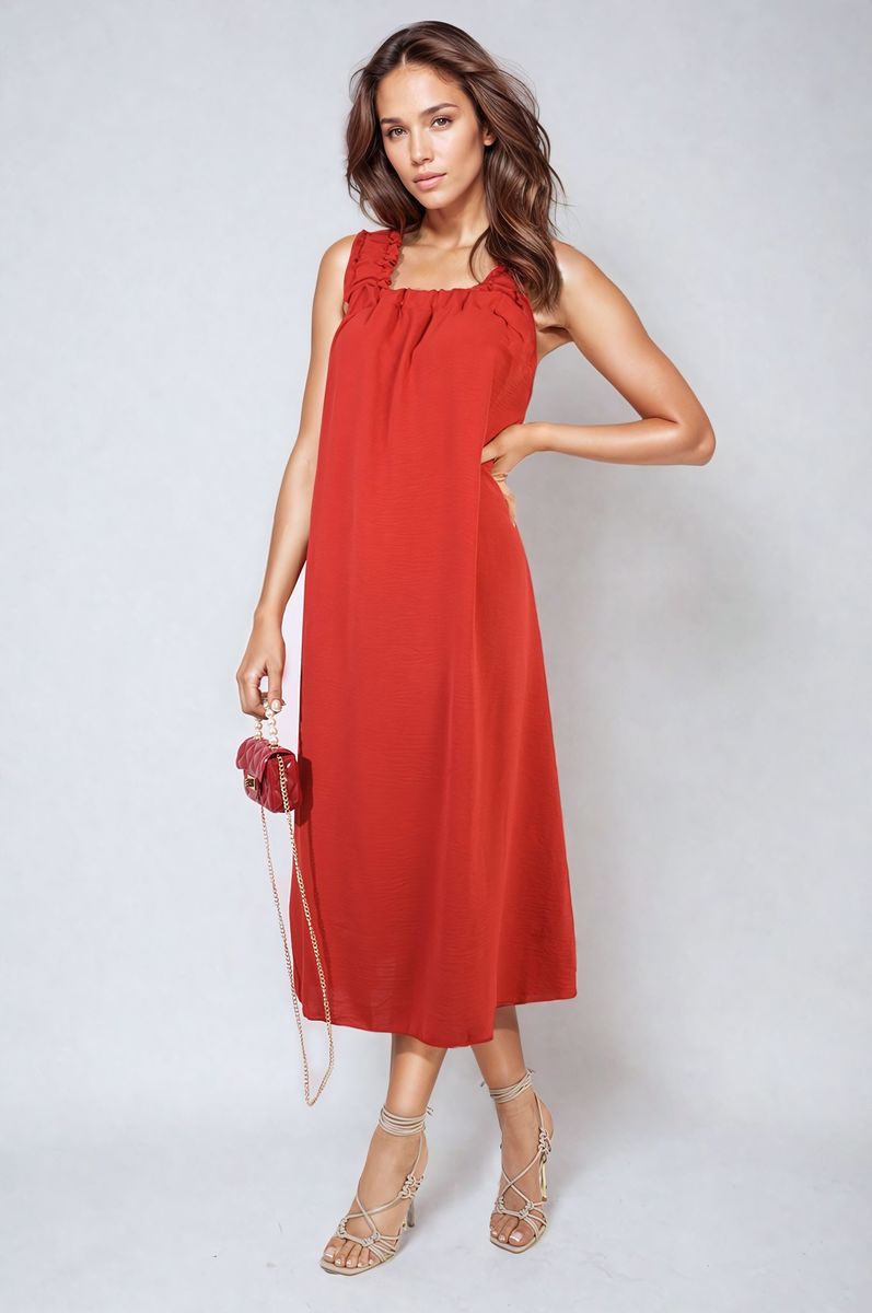 Square Neckline Ruffle Straps Tie Detail Beach Midi Dress