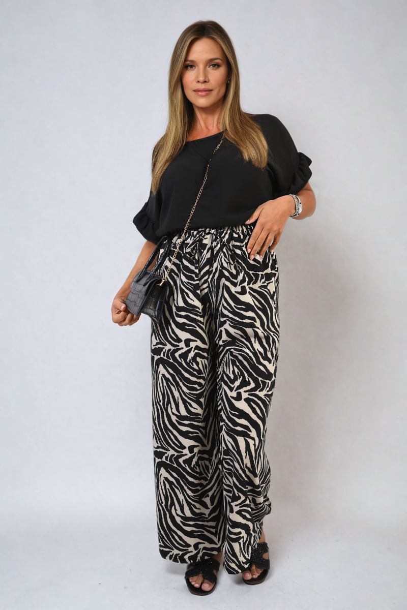 Zebra-Striped Print Wide Leg Trouser