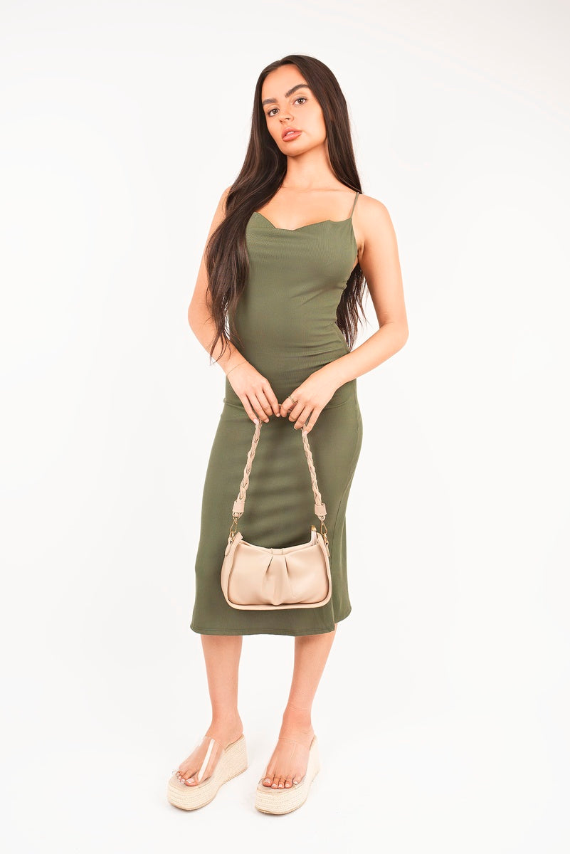 Khaki bodycon midi dress with spaghetti straps, scoop neckline, fitted waist