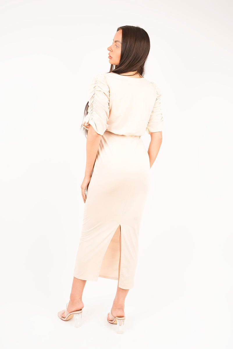 Ruched Short Sleeve Maxi Dress with Draped Bodice