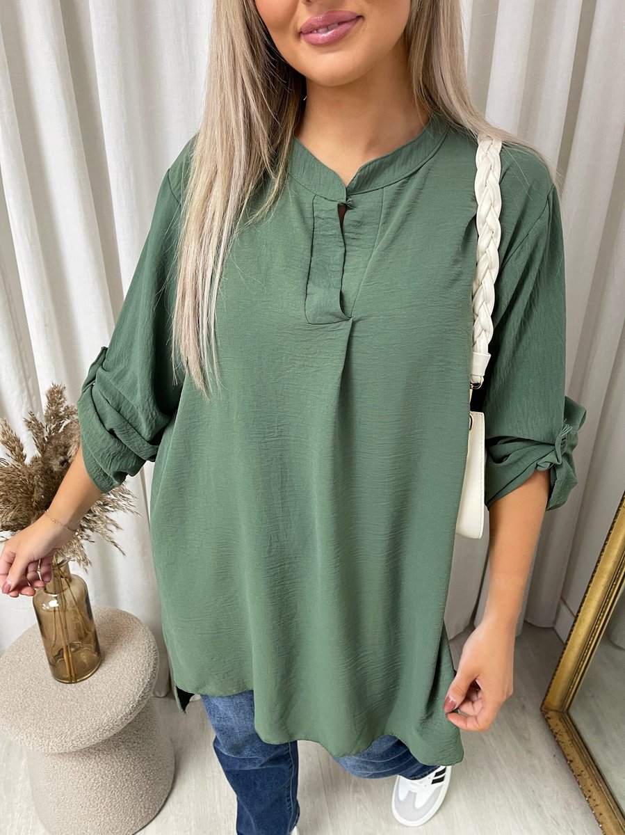Loose-fit tunic top in dark green with split neckline and half sleeves