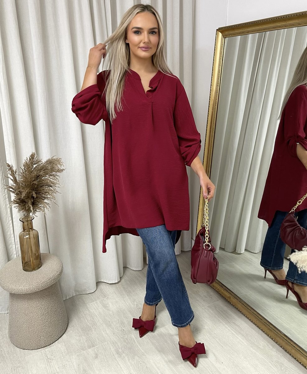 Loose-fit roll-up sleeve top with long back, wine red