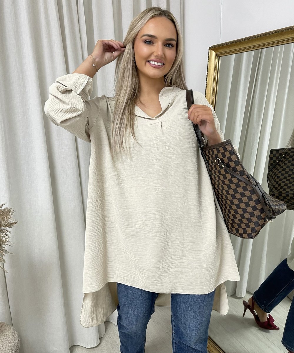 Loose-fit roll-up sleeve top with long back, cream