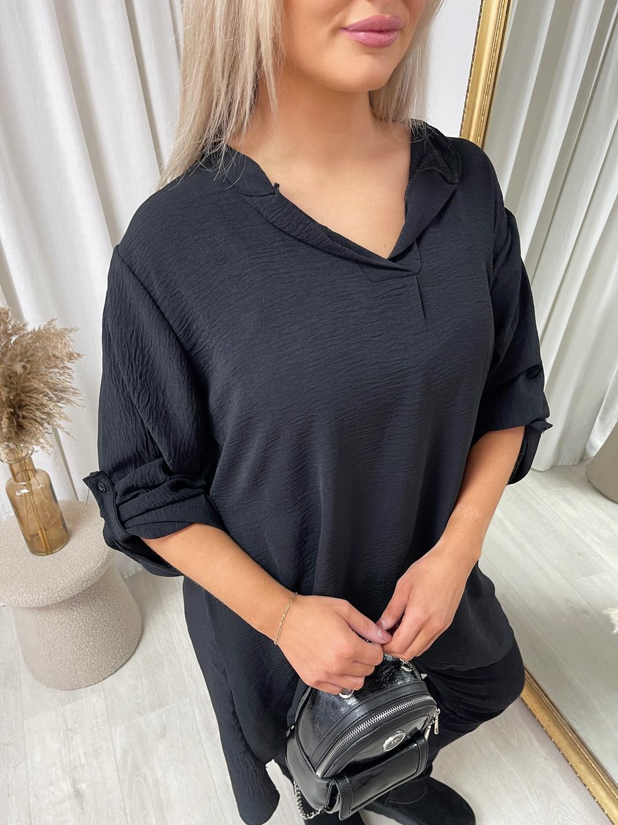 Black long back roll-up sleeve top, V-neck with short cuffed sleeves