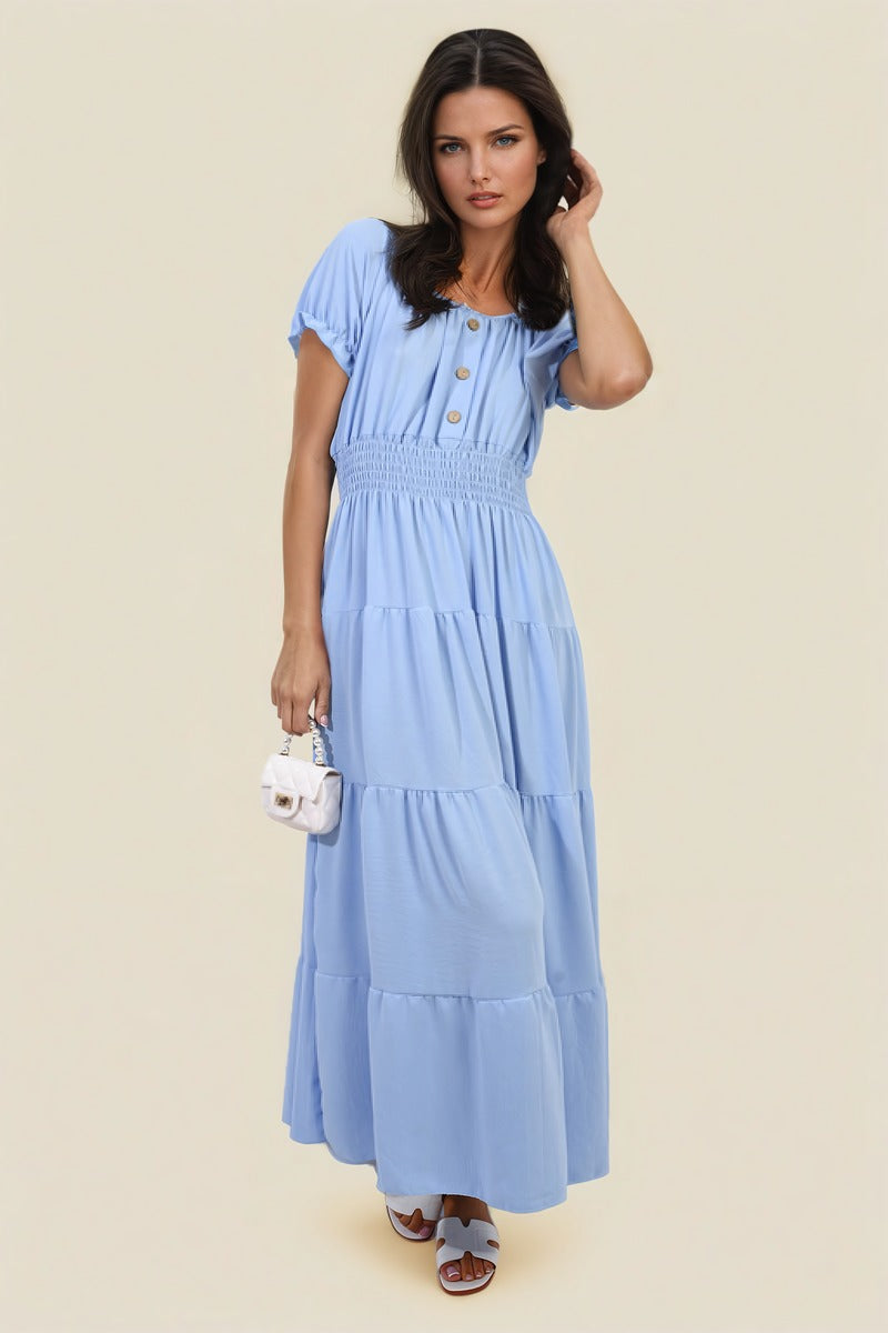 Smocked Waist Tiered Midi Dress - Flowy & Flattering