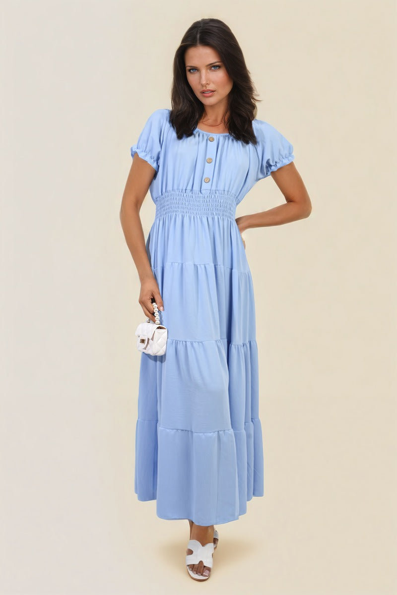 Smocked Waist Tiered Midi Dress - Flowy & Flattering