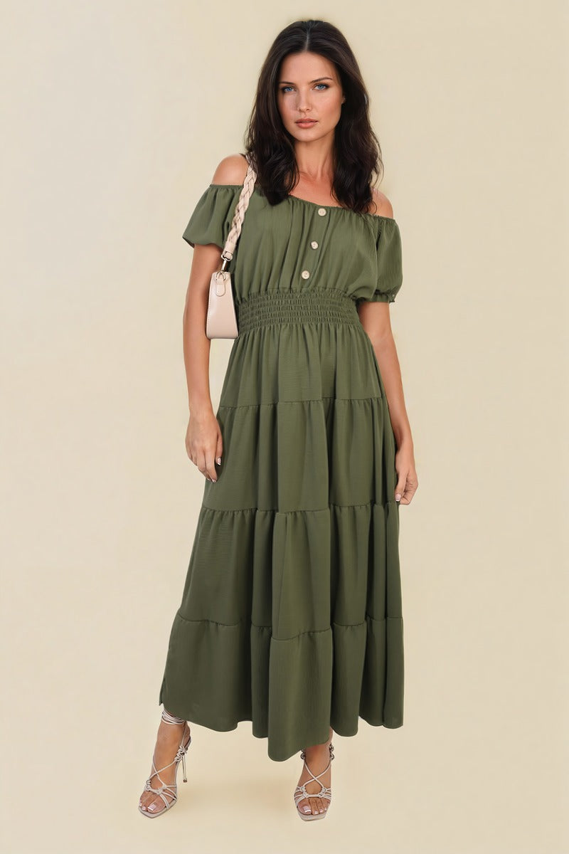 Smocked Waist Tiered Midi Dress - Flowy & Flattering