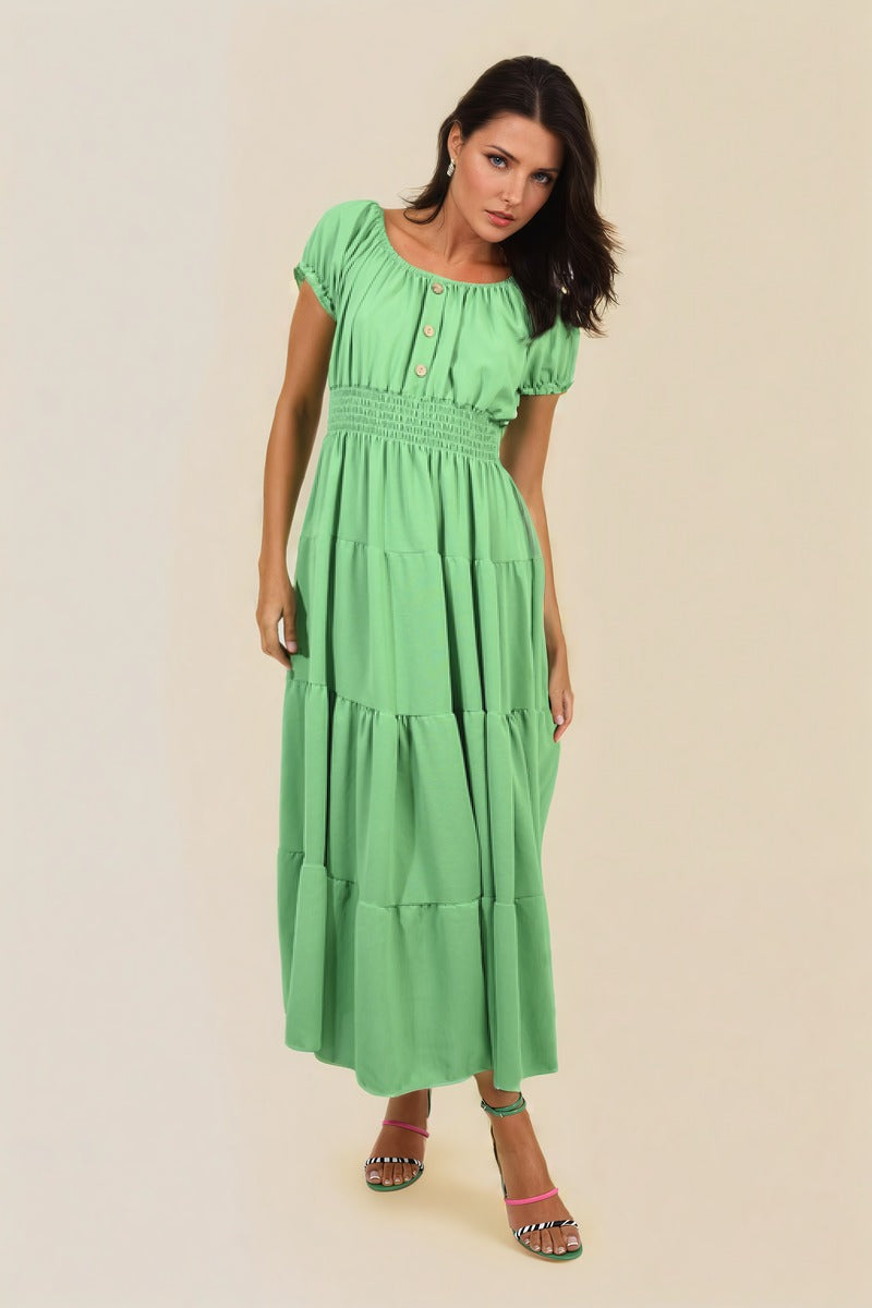 Smocked Waist Tiered Midi Dress