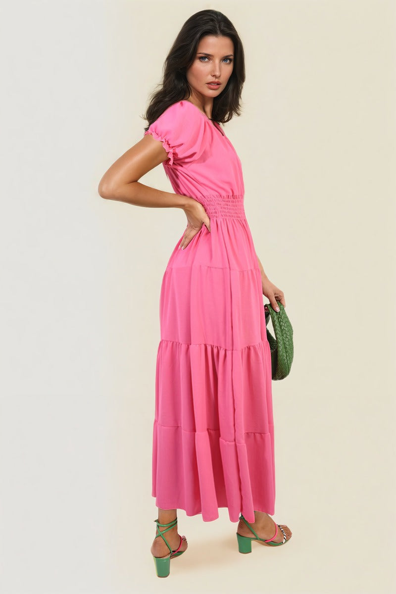Smocked Waist Tiered Midi Dress - Flowy & Flattering