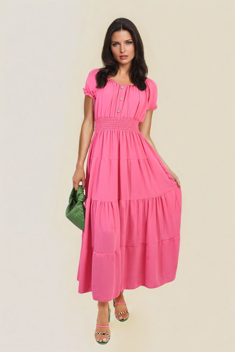 Smocked Waist Tiered Midi Dress - Flowy & Flattering