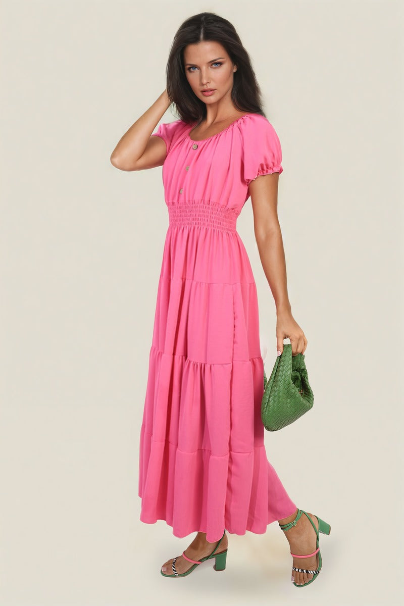 Smocked Waist Tiered Midi Dress - Flowy & Flattering