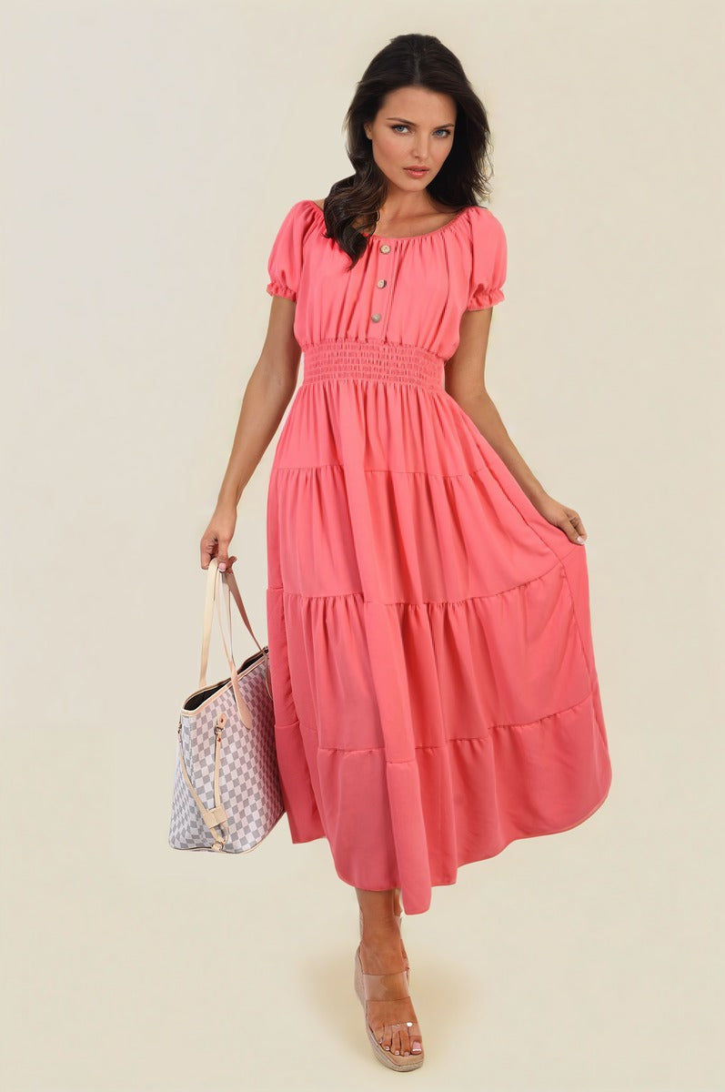 Smocked Waist Tiered Midi Dress - Flowy & Flattering