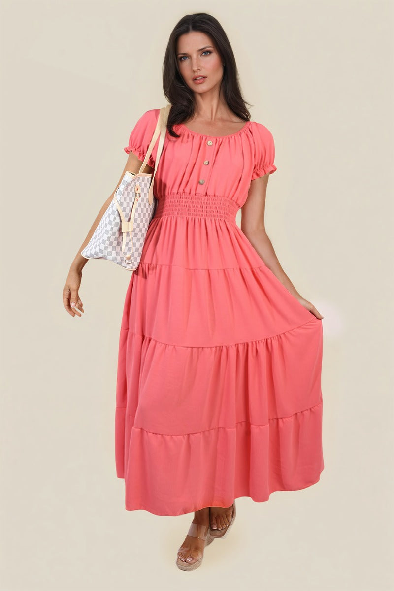Smocked Waist Tiered Midi Dress - Flowy & Flattering