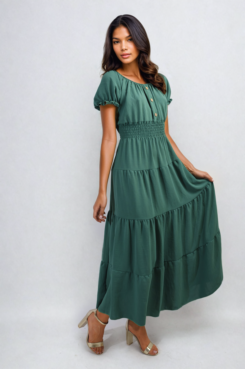 Smocked Waist Tiered Midi Dress - Flowy & Flattering