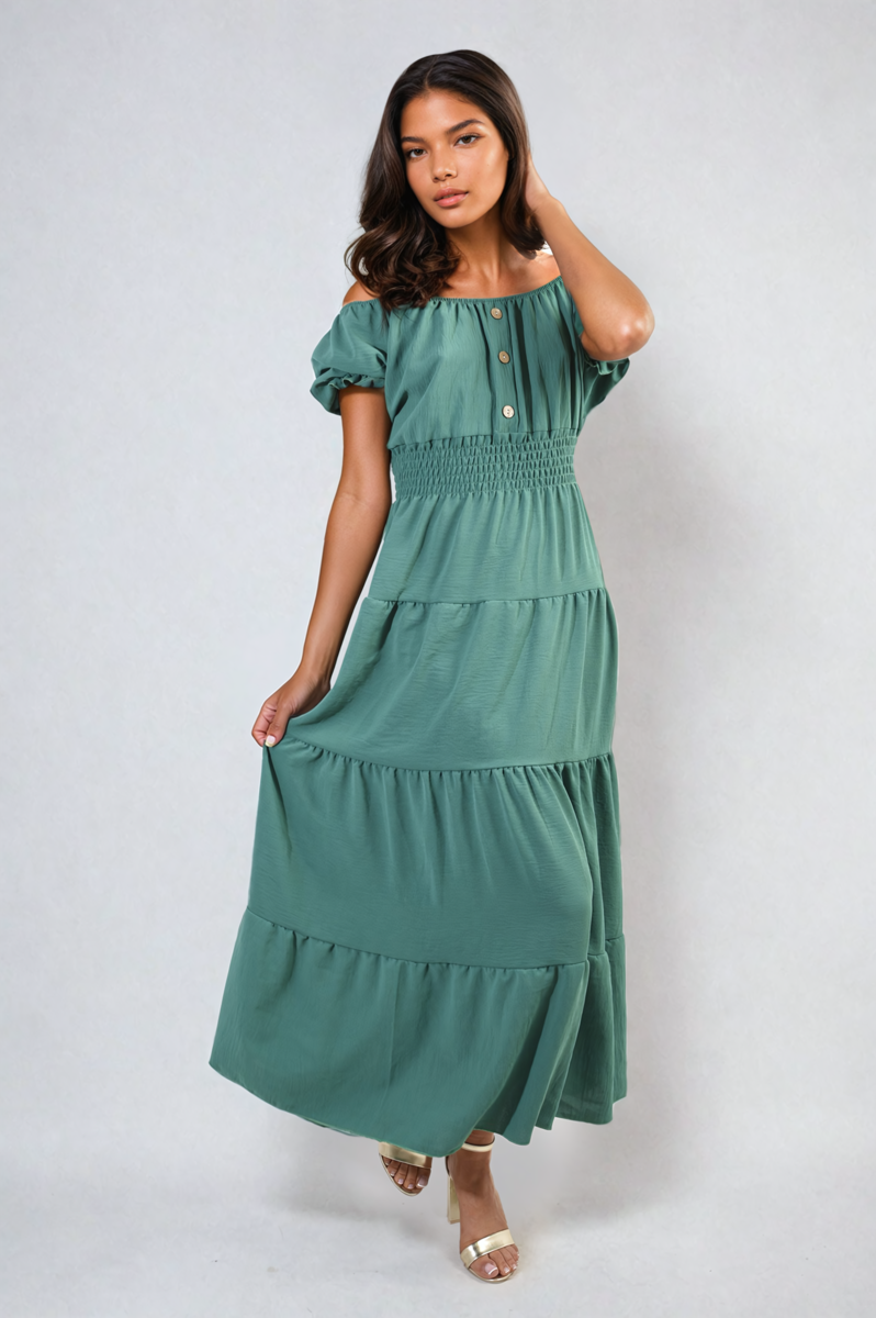 Smocked Waist Tiered Midi Dress - Flowy & Flattering