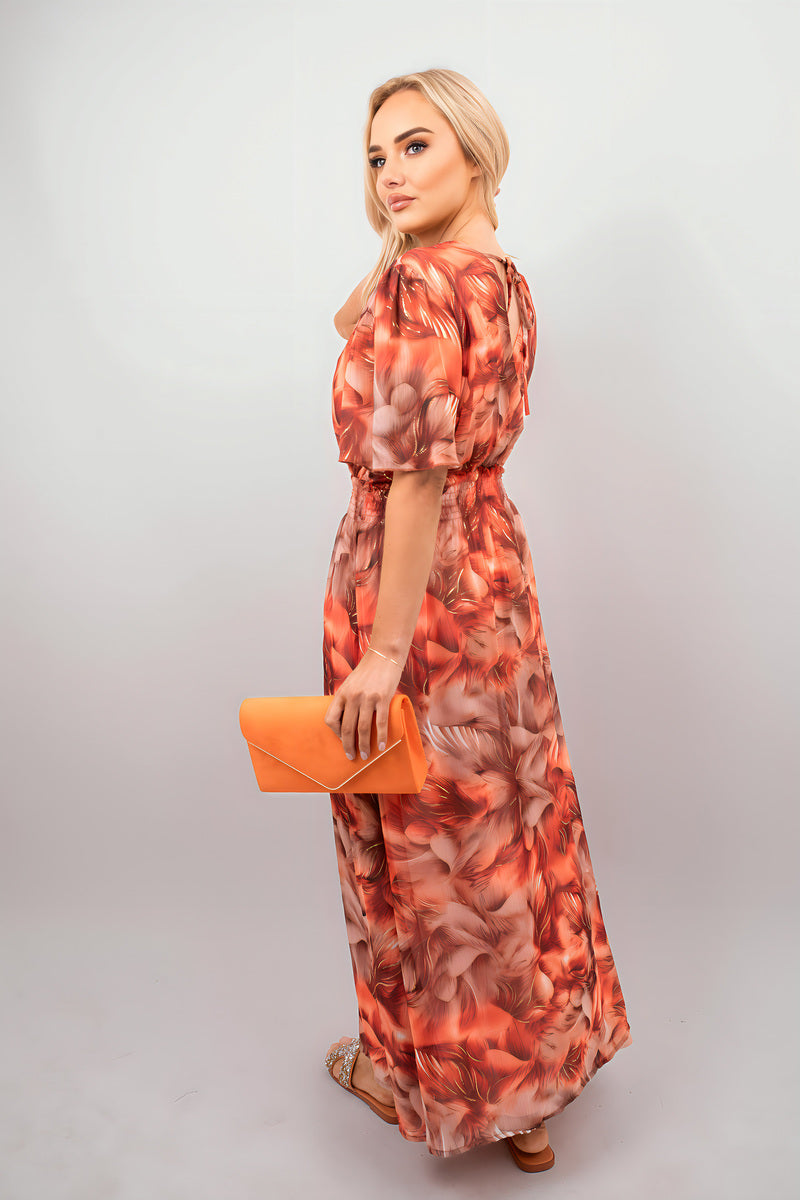 Orange floral print wrap maxi dress with V-neck and short sleeves, side profile