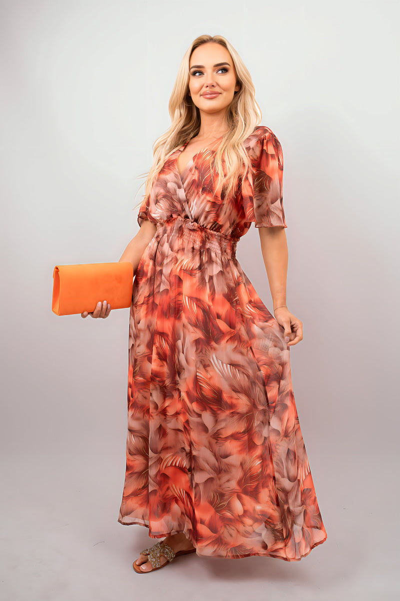 Orange floral print wrap maxi dress with short sleeves and flowing maxi length