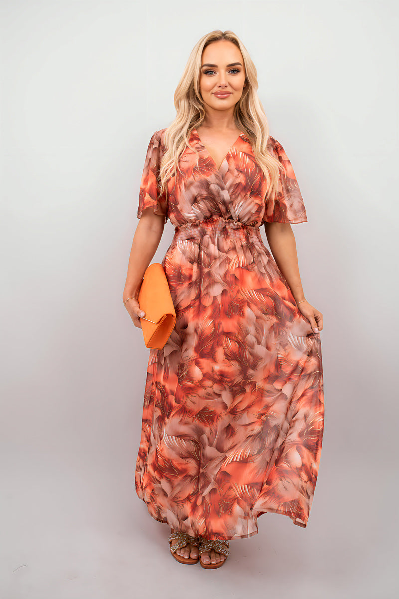 Orange floral print wrap maxi dress with short sleeves and gathered waist