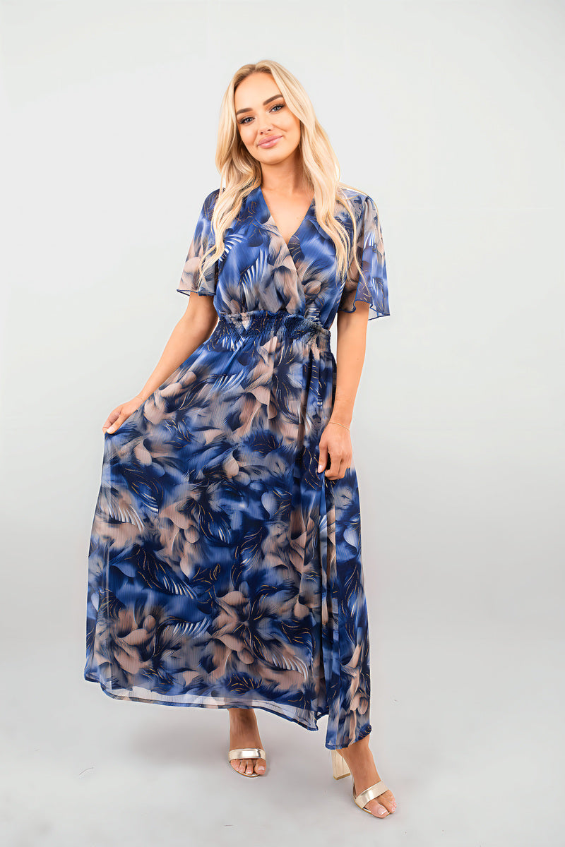 Blue floral print wrap maxi dress with short sleeves and flowing A-line skirt