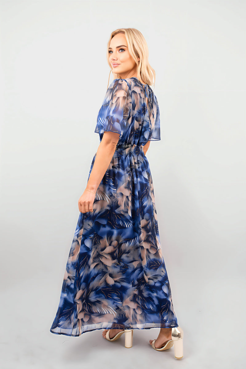 Blue floral print wrap maxi dress, V-neck, short sleeves, side drape detail