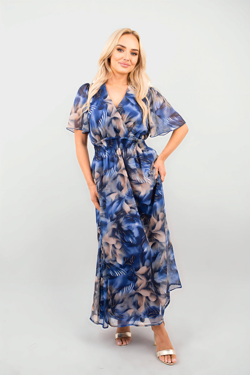 Blue floral print wrap maxi dress with short sleeves and gathered waist detail