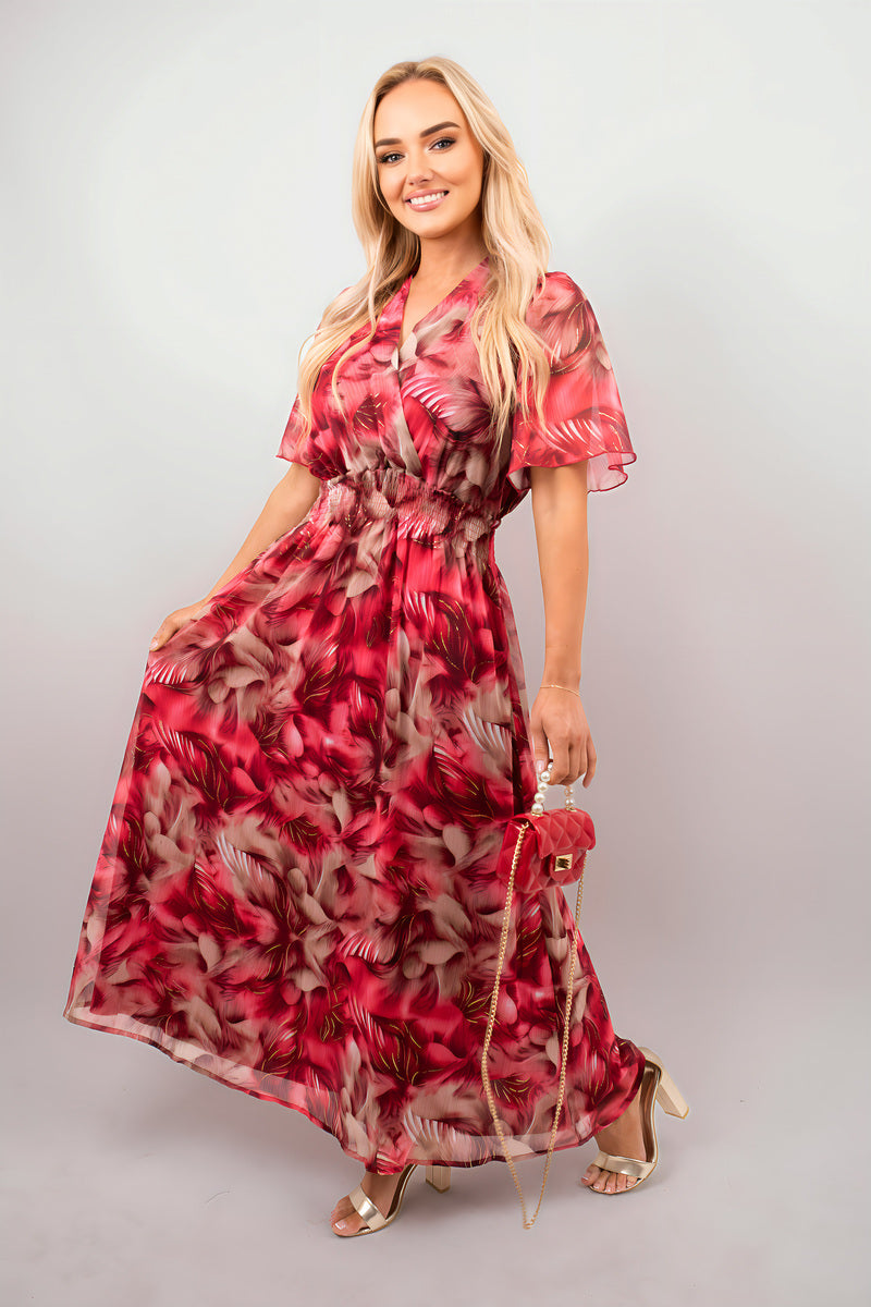 Pink-red floral print wrap maxi dress with V-neck, short sleeves, maxi length