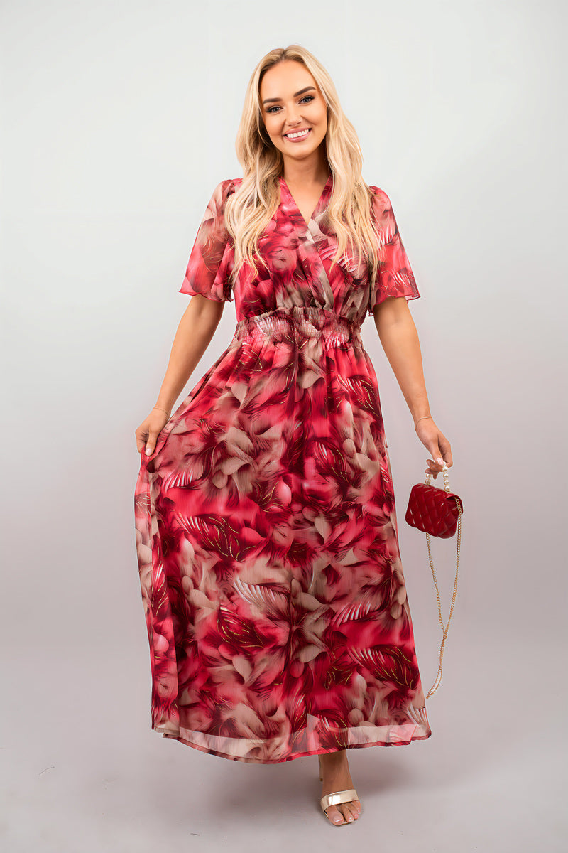 Pink-red floral print wrap maxi dress with short sleeves and gathered waist