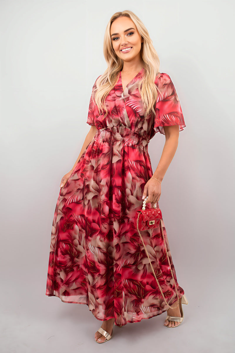 Floral wrap maxi dress, pink and maroon print, V-neck, belted waist, front view