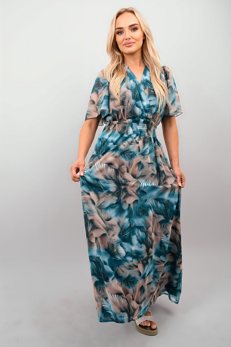 Teal floral wrap maxi dress, short ruffled sleeves, V-neck, full-length front view