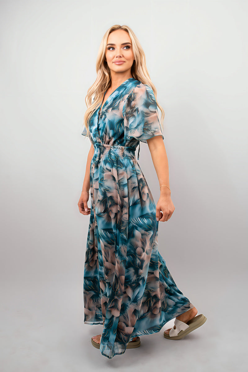 Teal floral wrap maxi dress, short flutter sleeves and wrap waist, full-length side view