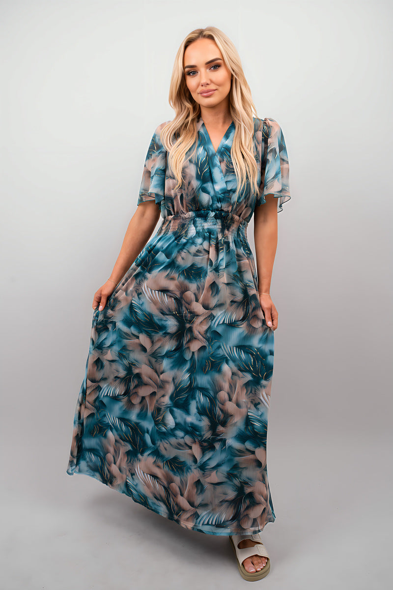 Teal floral wrap maxi dress, short flutter sleeves, belted waist, side front view