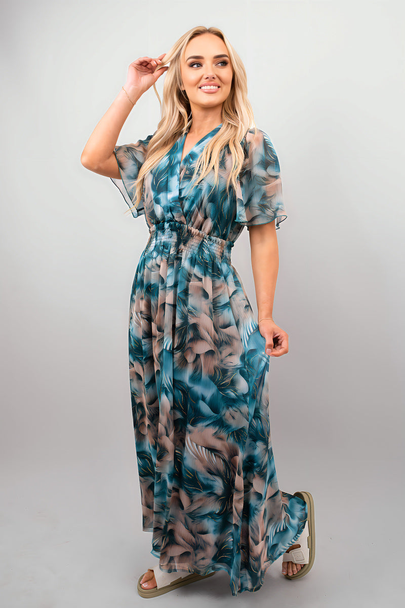 Teal floral wrap maxi dress, long flowing skirt, short sleeves, belted waist, full view