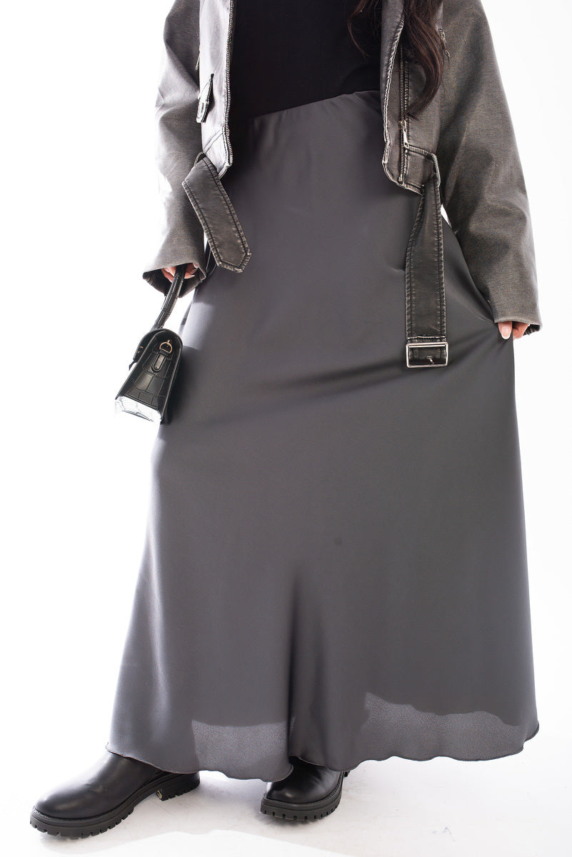Charcoal high-waisted maxi skirt with lightweight drape