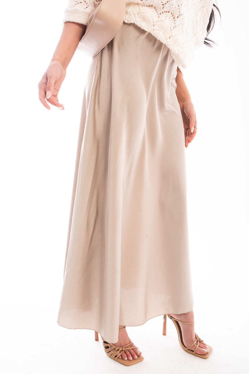Beige high-waisted maxi skirt with smooth drape and full-length hem