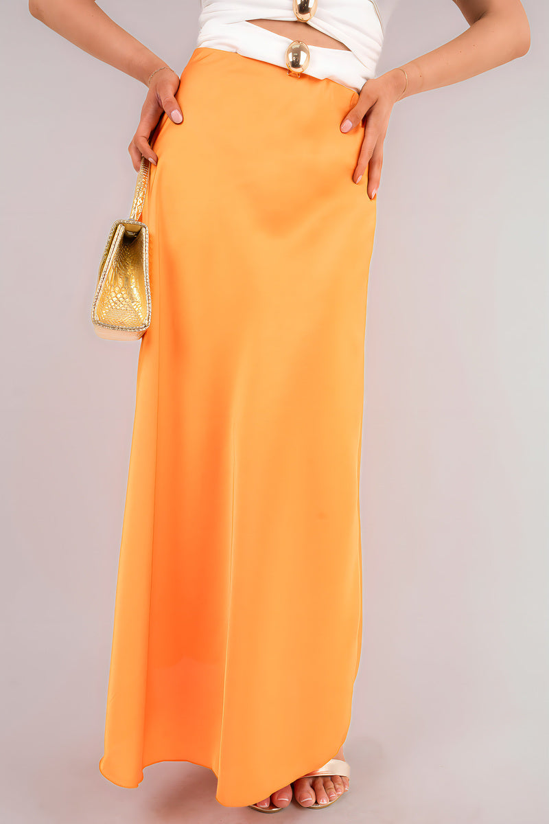 High waisted maxi skirt, lightweight orange with smooth drape and long hem