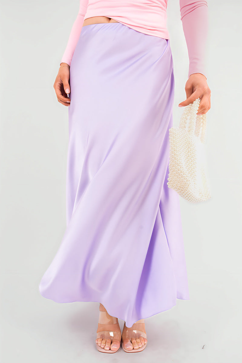 Lavender high-waisted maxi skirt with smooth lightweight drape