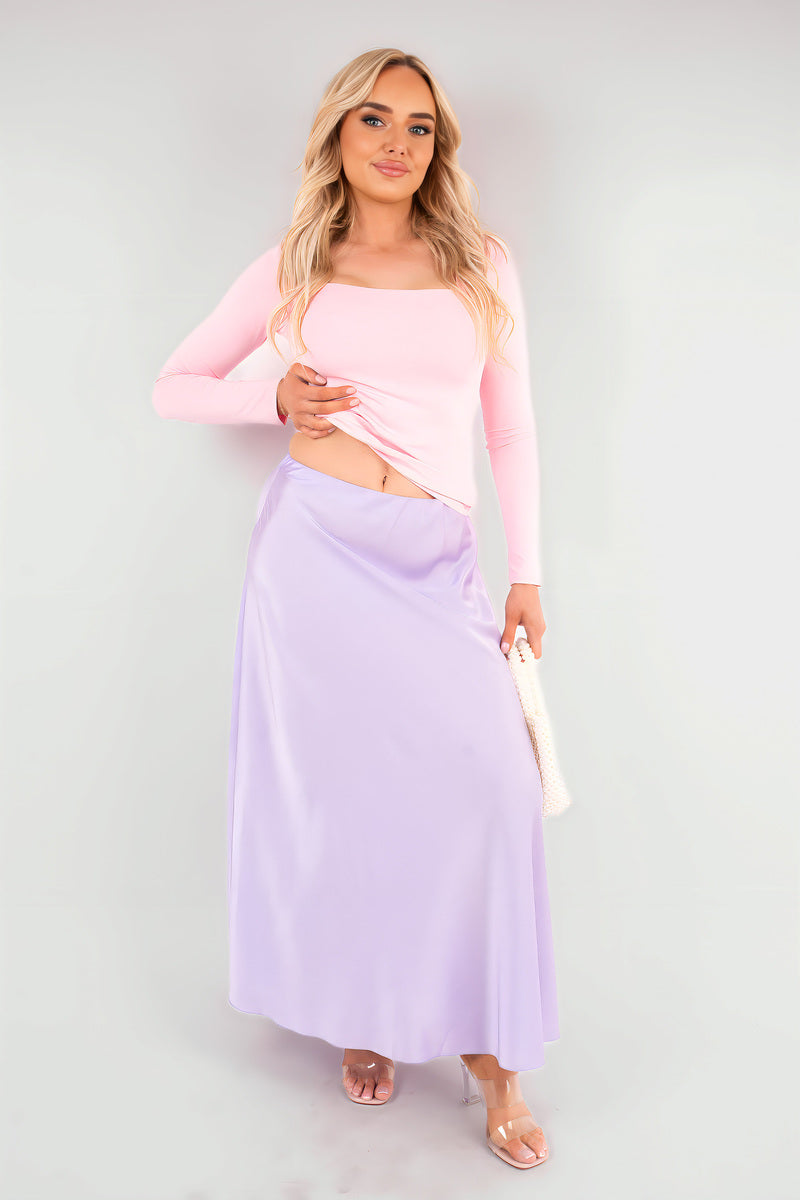 Lavender high-waisted maxi skirt with smooth lightweight drape