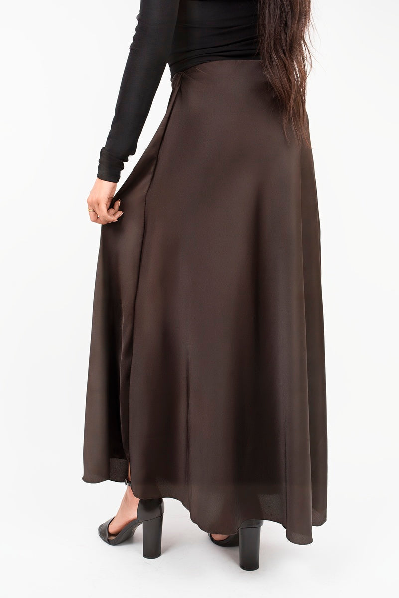 Chocolate-brown high-waisted maxi skirt with gathered drape and full-length hem