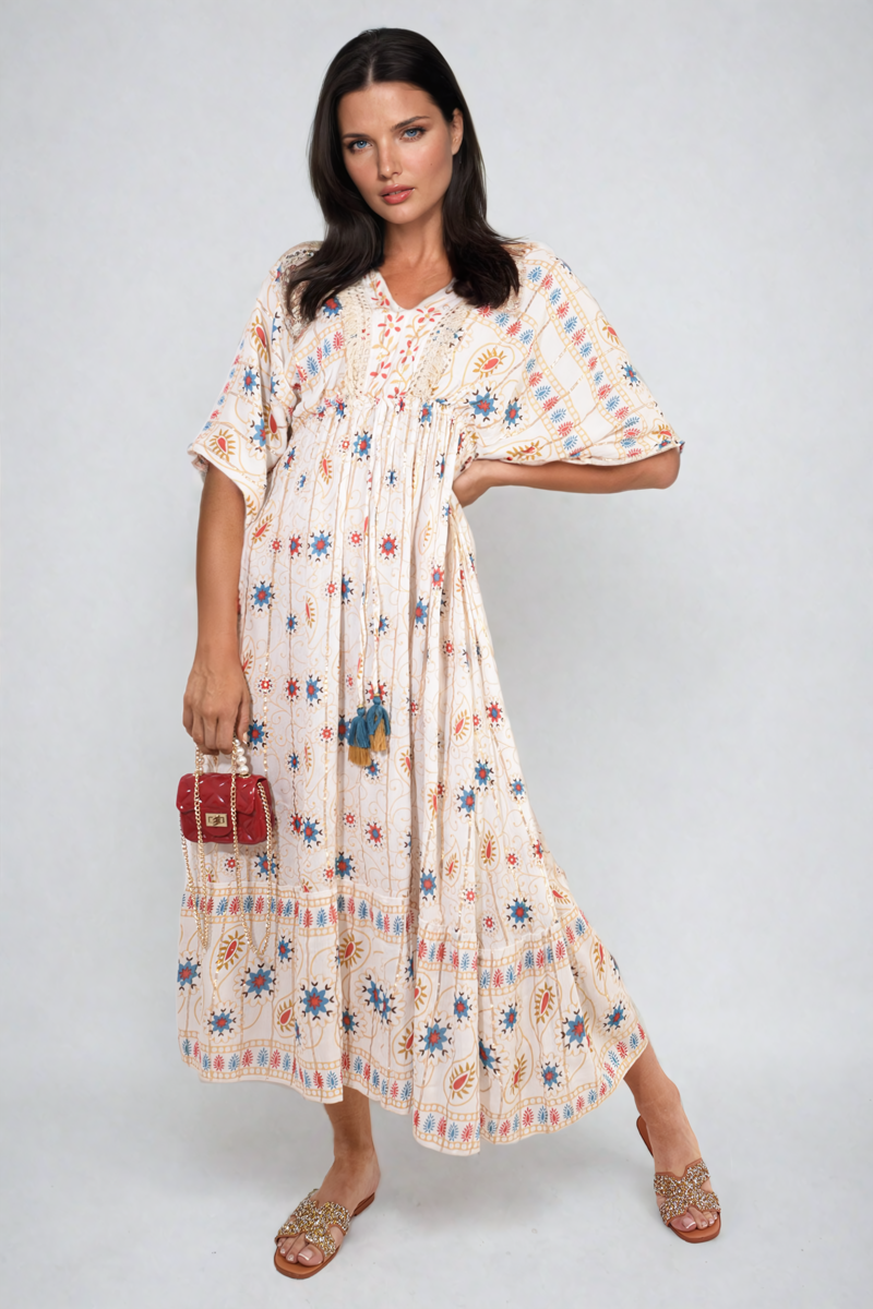 V-Neck Rope Tassel Printed Detail Maxi Dress