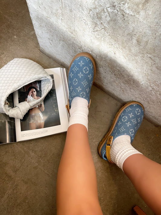Printed sling-back platform clog, blue with monogram pattern, tan sole and strap -Lieldesigns