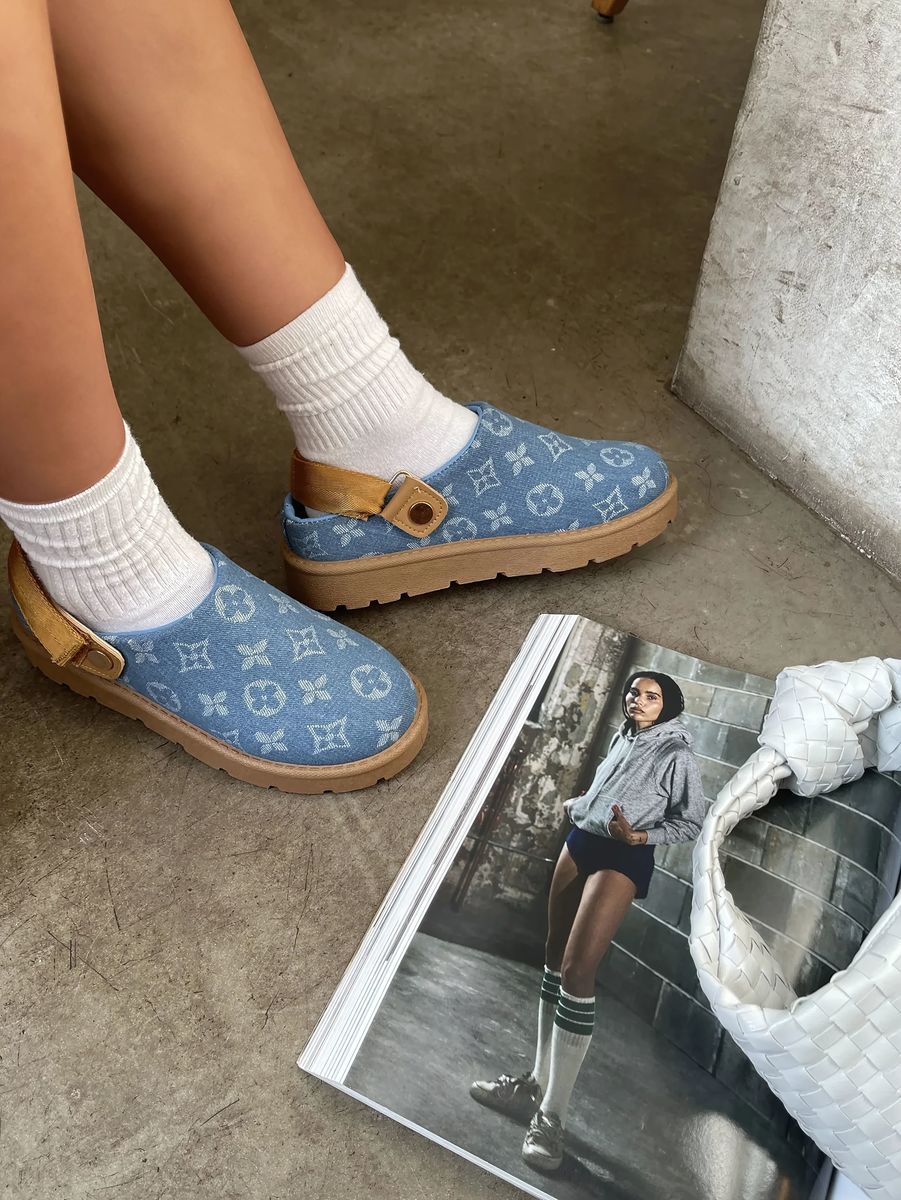 Printed sling-back platform clog, blue monogram print with tan buckle strap and platform