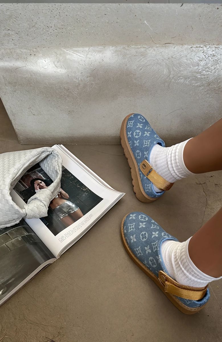 Printed sling-back platform clogs, blue monogram print with tan sole and buckle strap