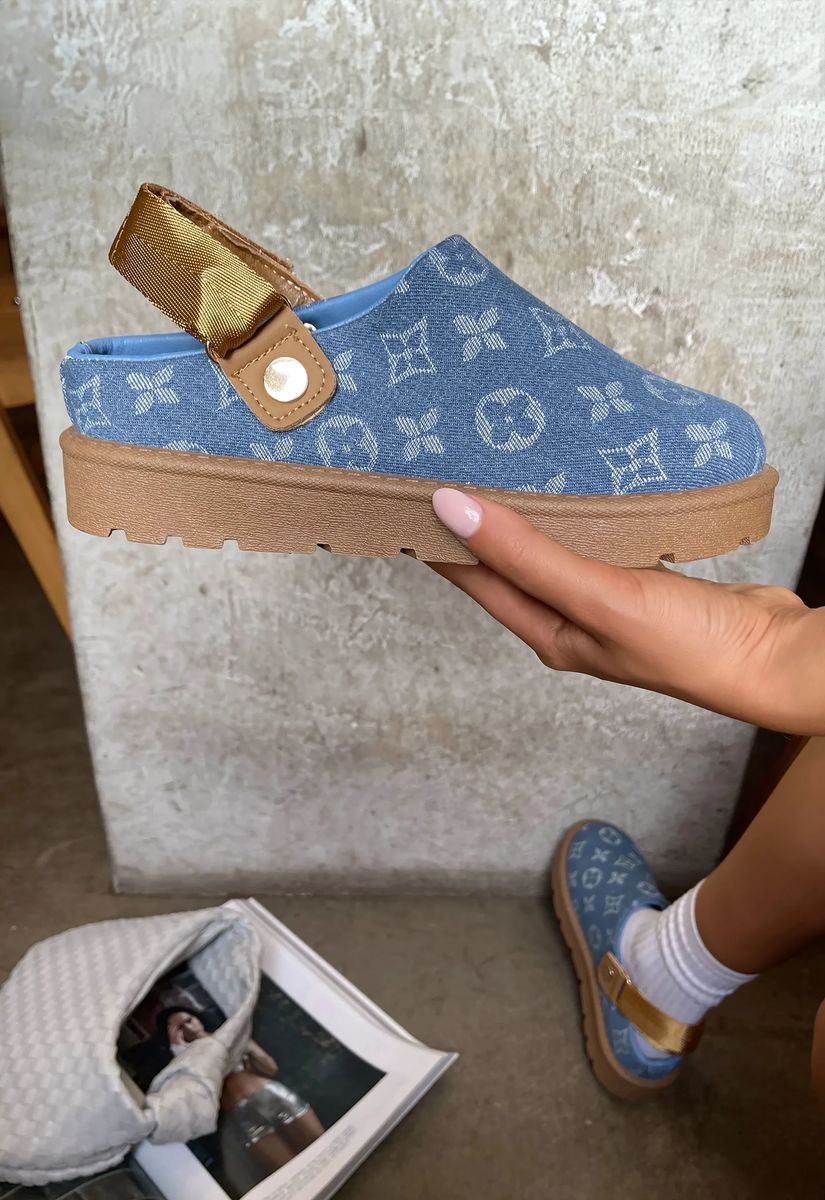 Printed sling-back platform clog, blue monogram print with tan buckle strap and sole