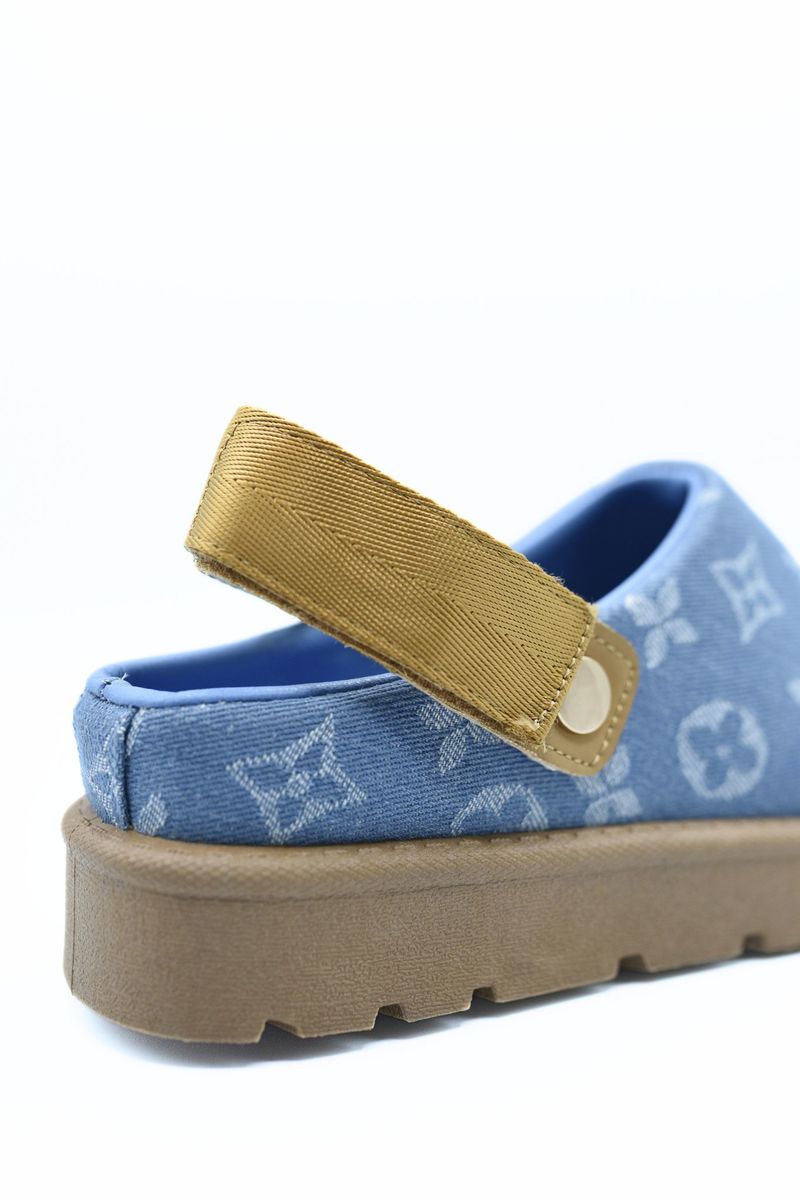 Printed sling-back platform clog, blue with monogram print, tan ankle strap and tan base